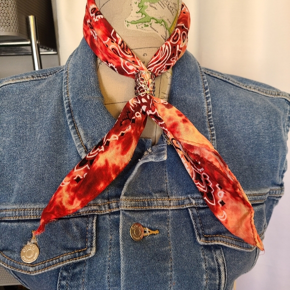 Hand-Crafted Bleached Out Tie-Dyed Cotton Bandanas - 1 Green, 1 Orange, 1 Ring - Picture 2 of 5